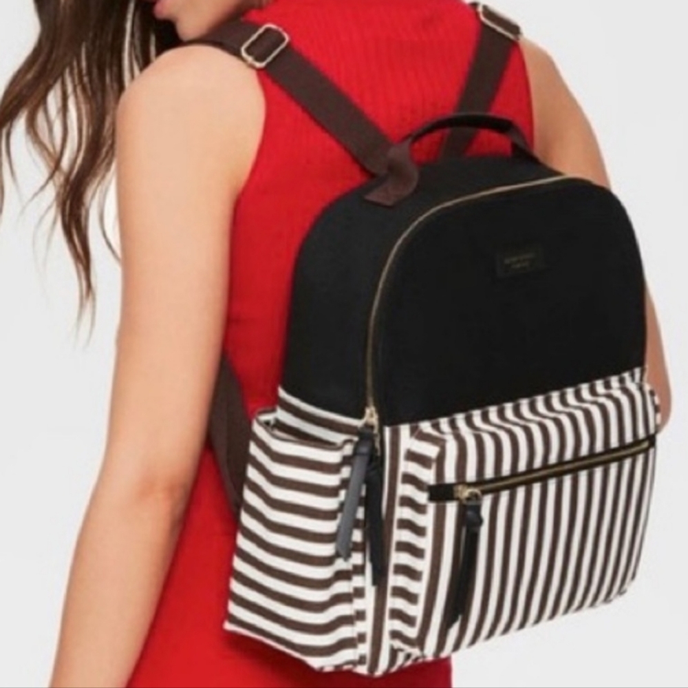 HENRI BENDEL Brown Canvas Stripes Zippered Backpack Large